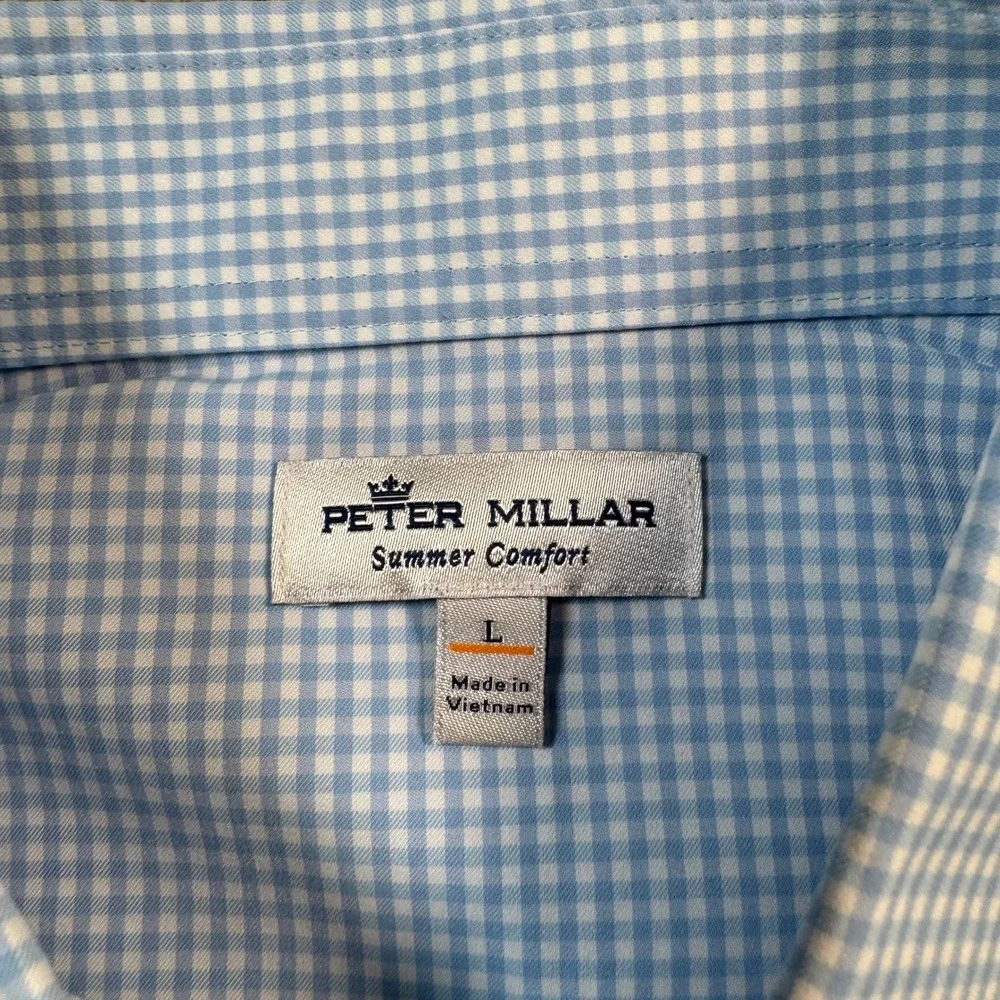Peter Millar Summer Comfort Blue Gingham Fortinet Logo Shirt Mens Large L